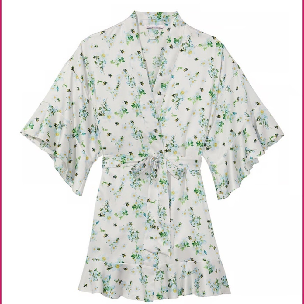 New! Victoria’s Secret Satin Flounce Robe bee floral print 20255